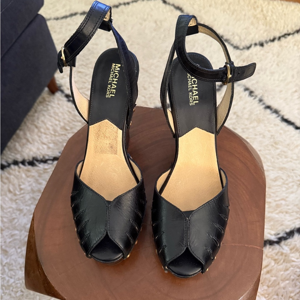 Like NEW Michael Kors Black Leather Women's Platform Wedge Heels